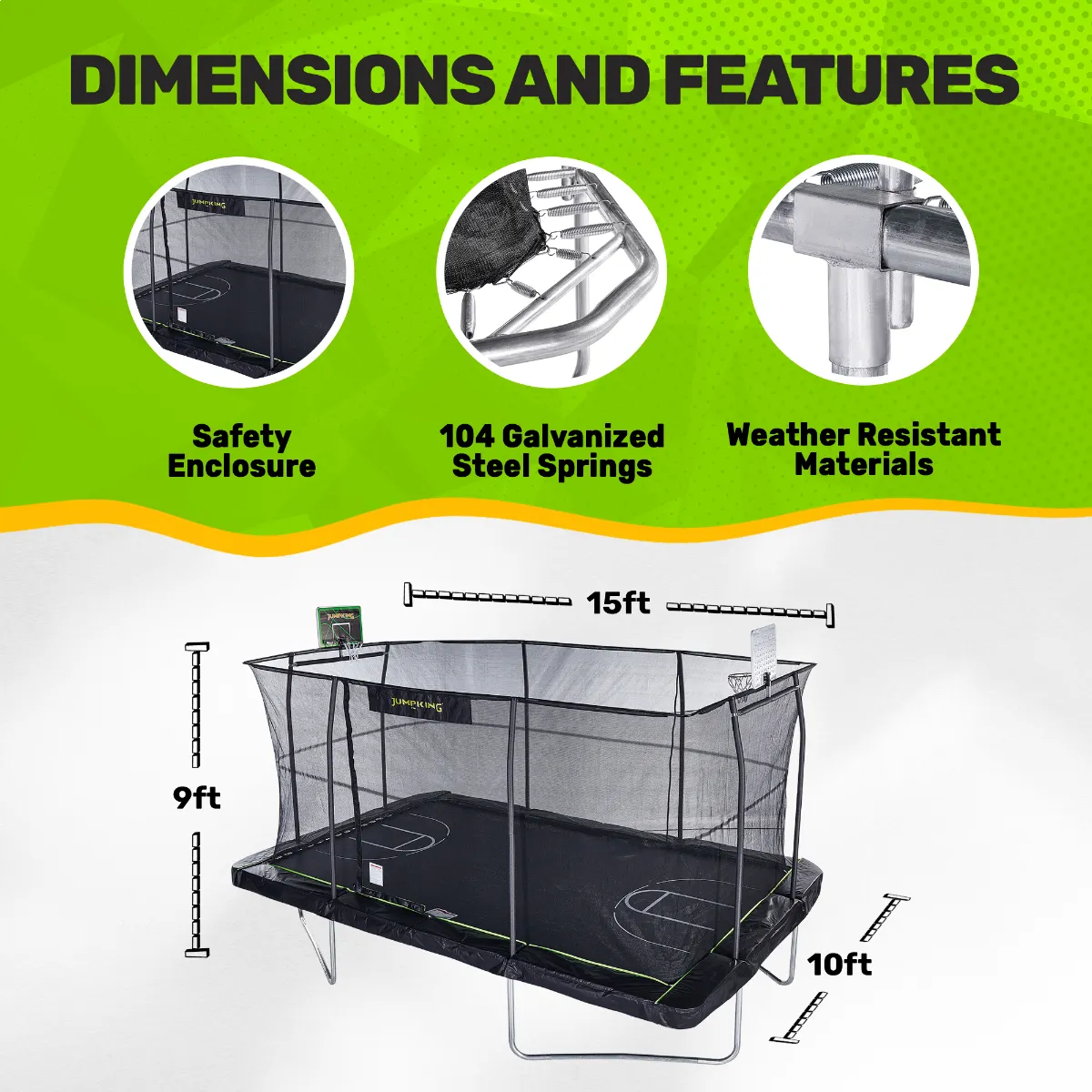 10ft X 15ft Rectangular Trampoline with hoop, Volley Ball Court, & Foot Step