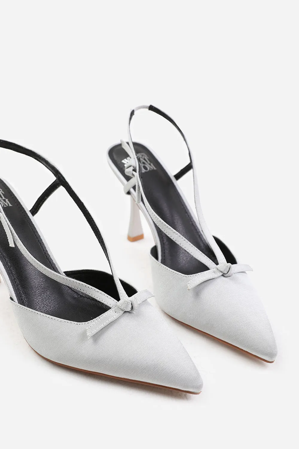 AVA WIDE FIT HIGH HEEL WITH POINTED TOE AND STRAP DETAIL IN SILVER SATIN