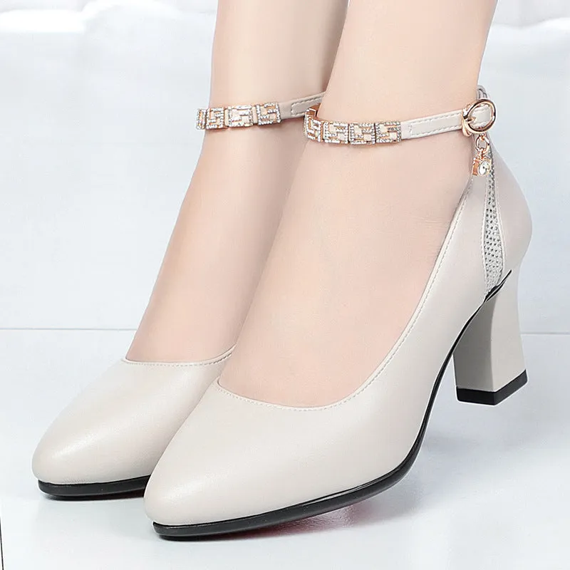 Comelyy One-button thick-heeled medium-heeled leather shoes with comfortable soft soles