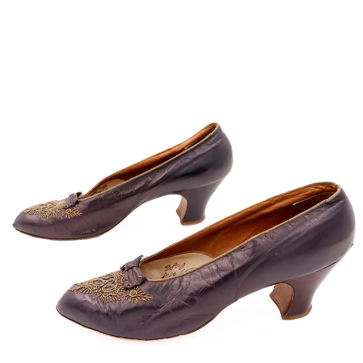 Edwardian CH Wolfelt Co Purple Leather Gold Beaded Shoes