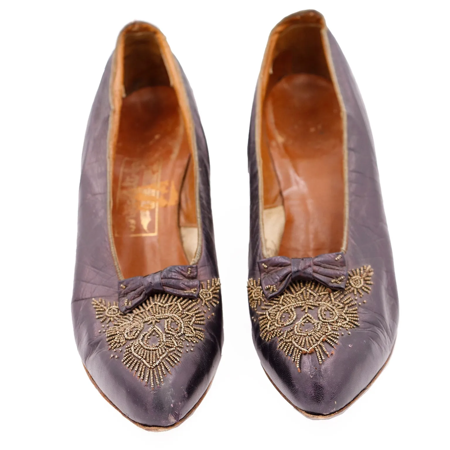 Edwardian CH Wolfelt Co Purple Leather Gold Beaded Shoes