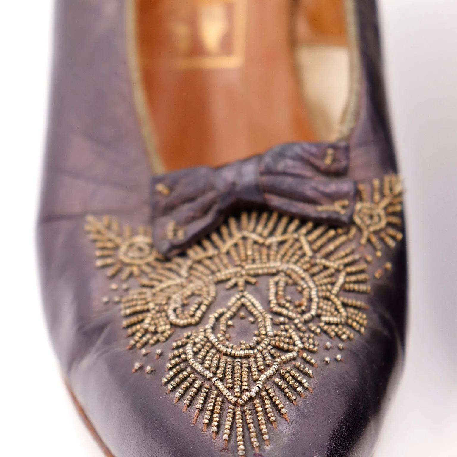 Edwardian CH Wolfelt Co Purple Leather Gold Beaded Shoes