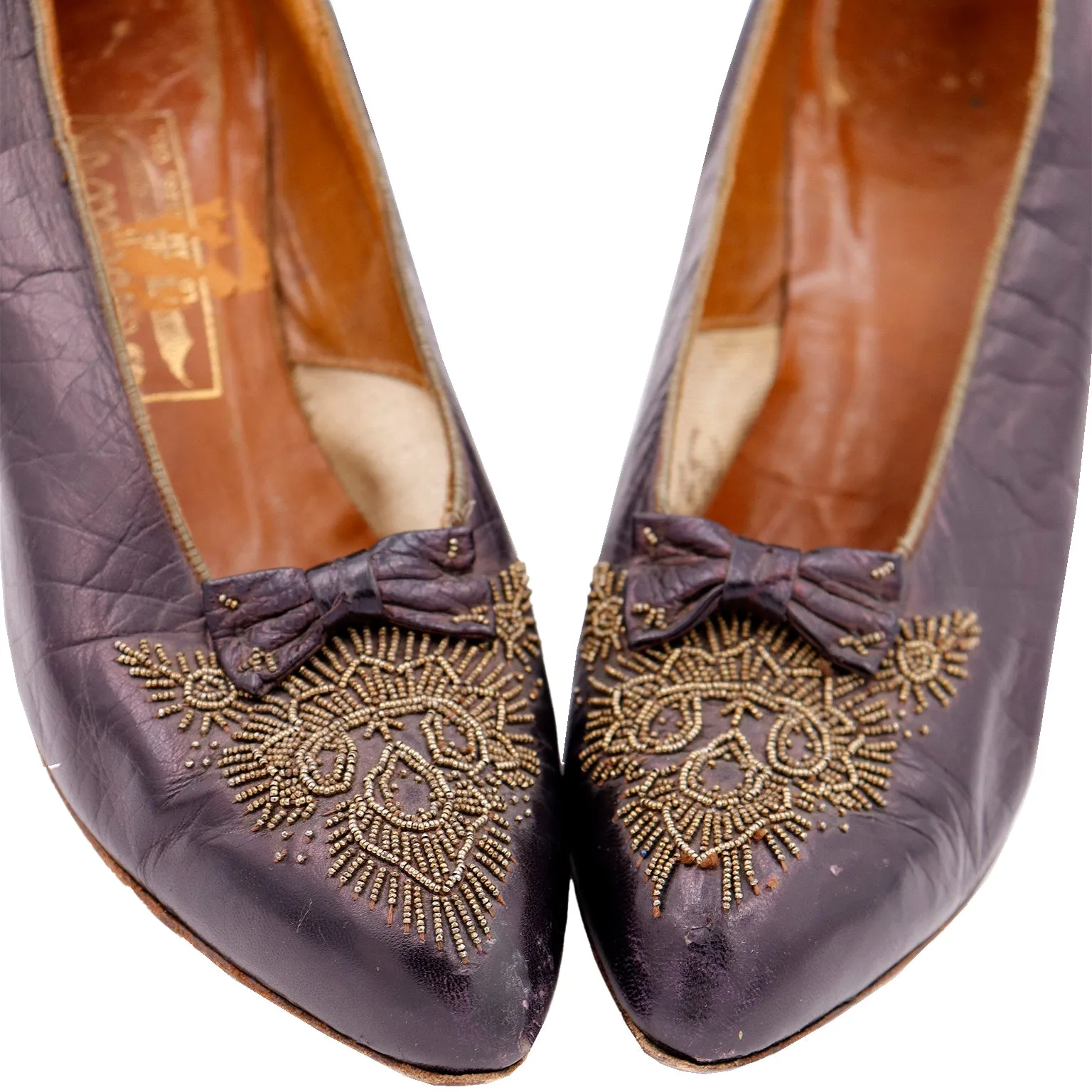 Edwardian CH Wolfelt Co Purple Leather Gold Beaded Shoes