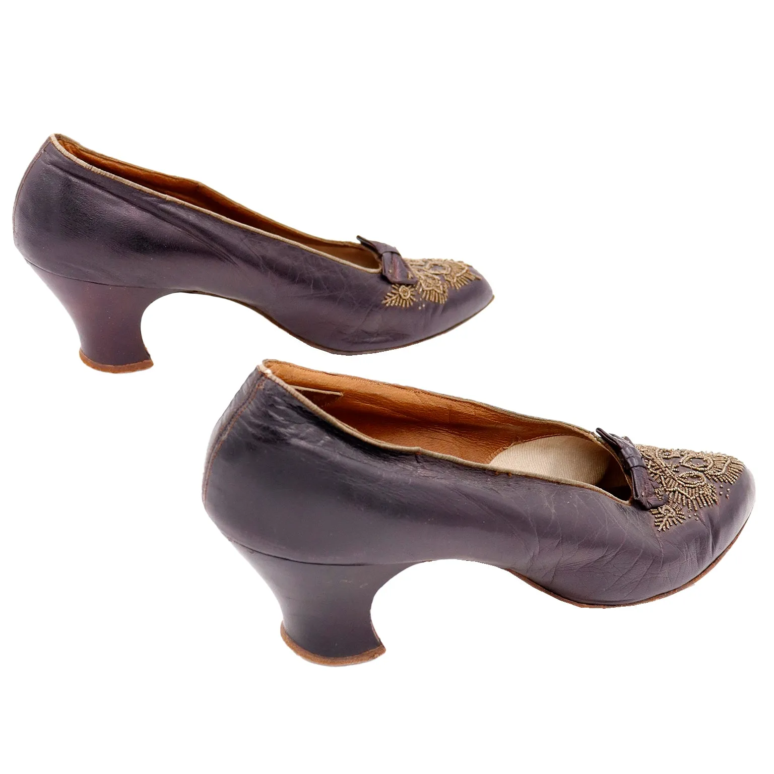 Edwardian CH Wolfelt Co Purple Leather Gold Beaded Shoes