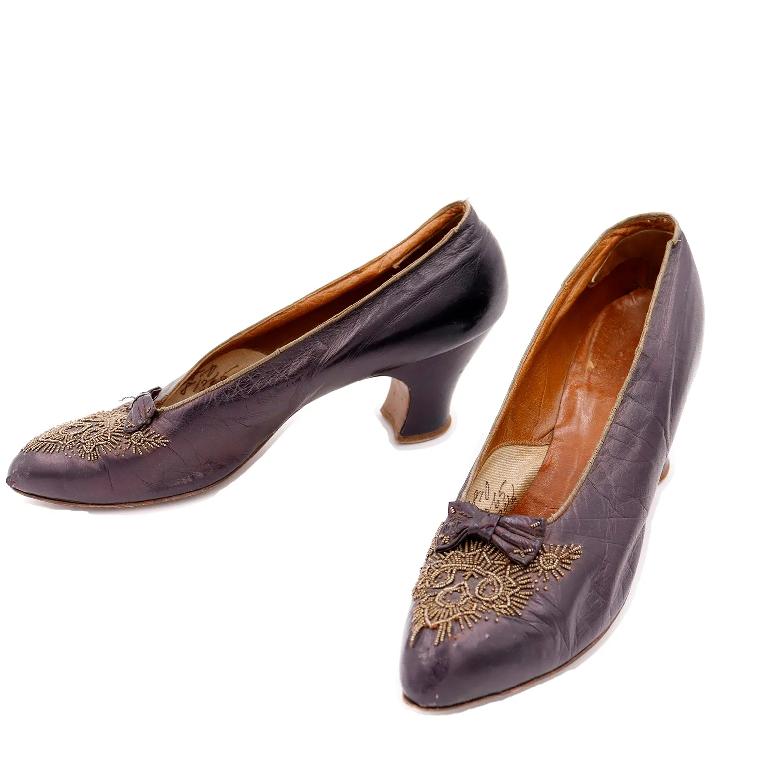 Edwardian CH Wolfelt Co Purple Leather Gold Beaded Shoes