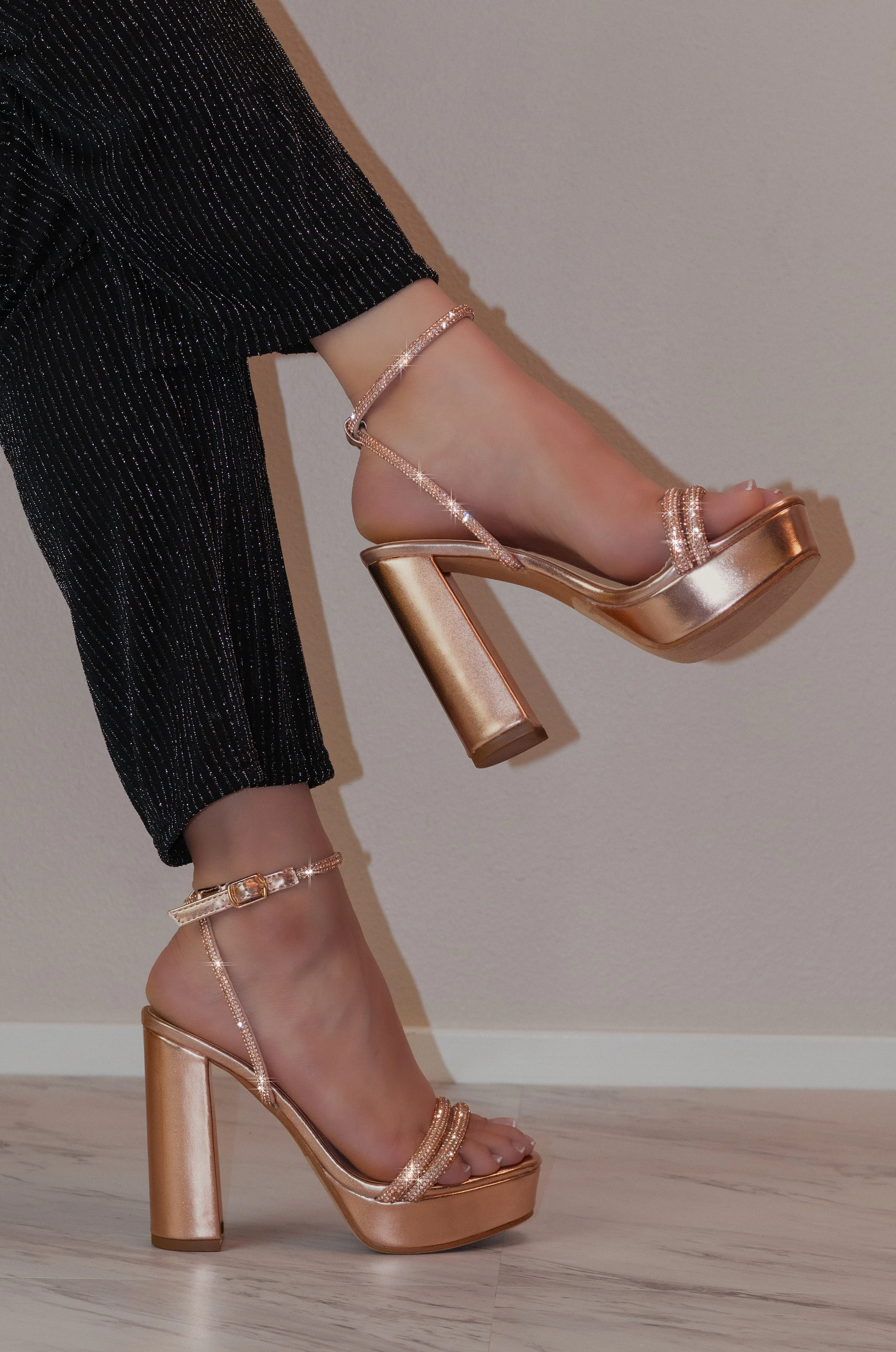 Eleanor - Embellished Ankle Strap Platform Heels, Chunky Heel & Synthetic Material, Glamorous Party Footwear, Bold & Comfortable for Evening Events