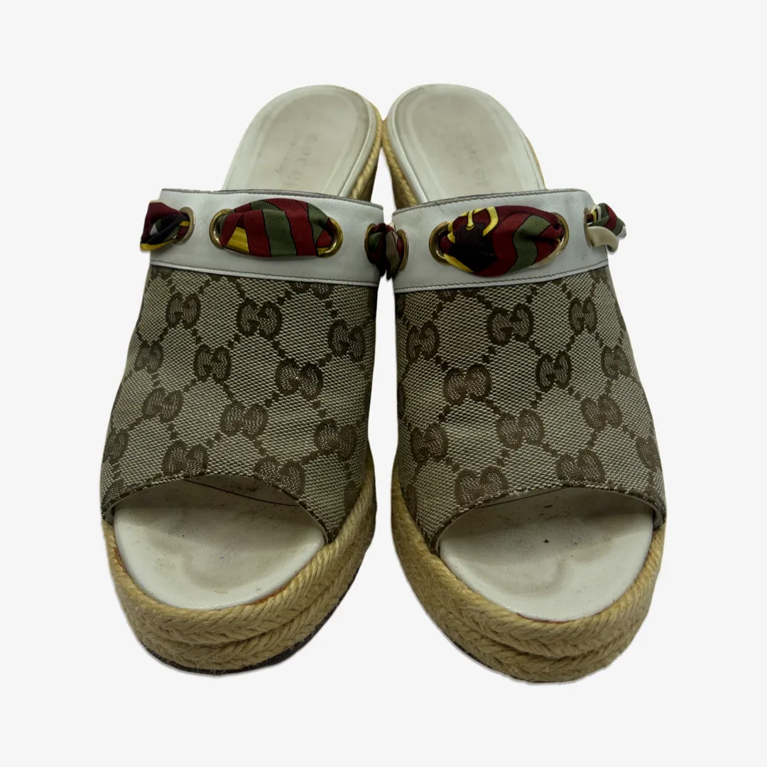 Gucci women's brown monogram raffia wedges