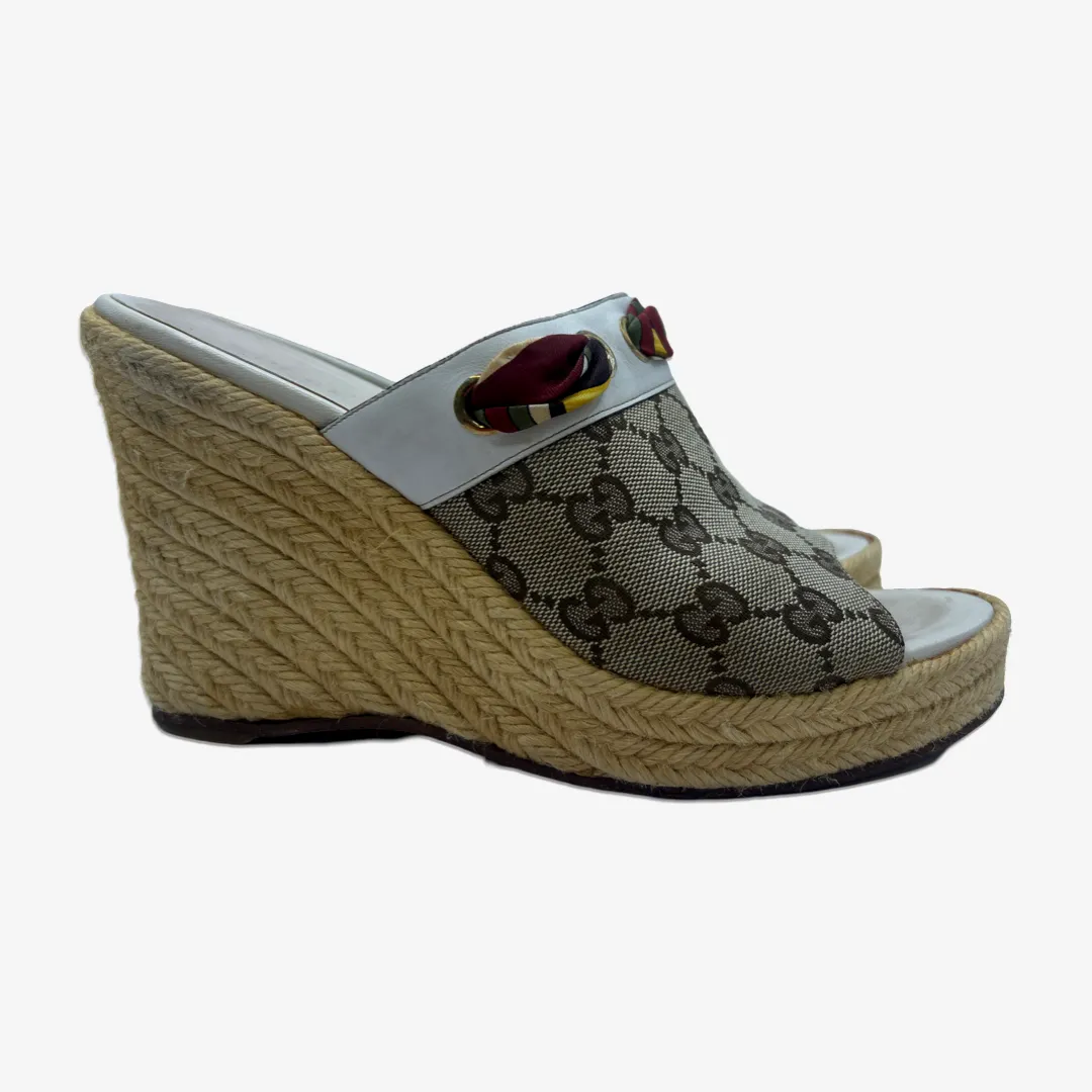 Gucci women's brown monogram raffia wedges