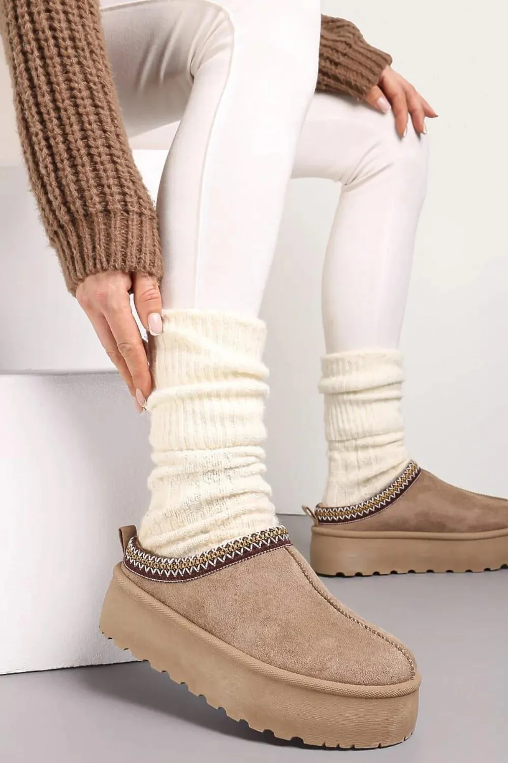 House Of Sehrish MX11H Camel Fluffy Platform Slippers Faux Fur Lined Ankle Boots