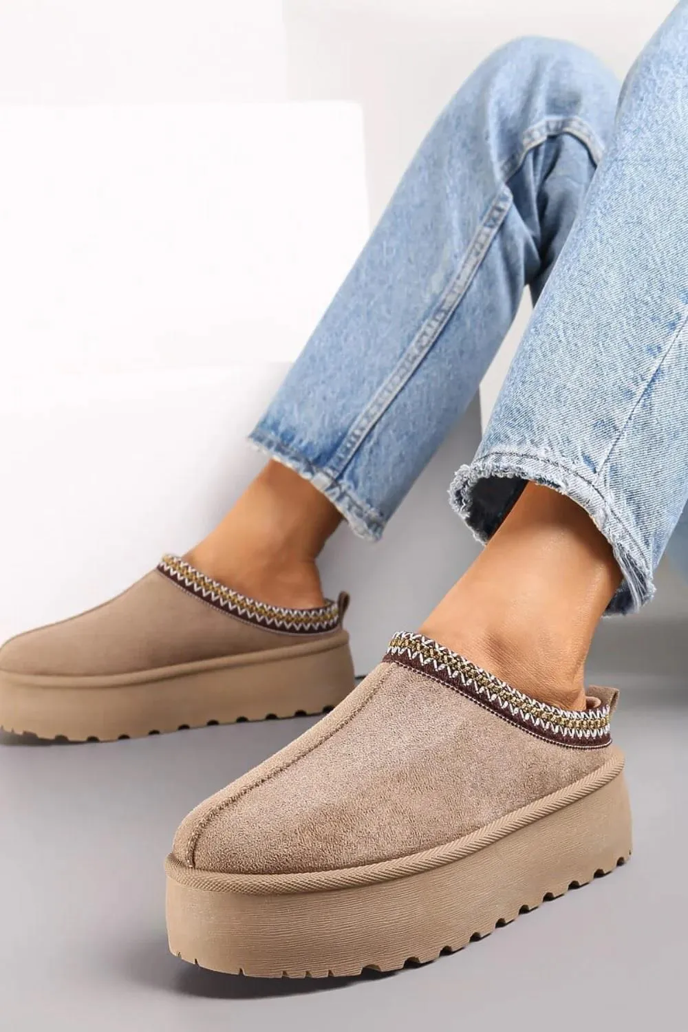 House Of Sehrish MX11H Camel Fluffy Platform Slippers Faux Fur Lined Ankle Boots