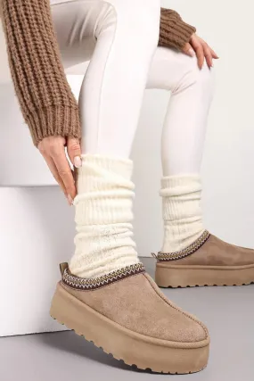 House Of Sehrish MX11H Camel Fluffy Platform Slippers Faux Fur Lined Ankle Boots