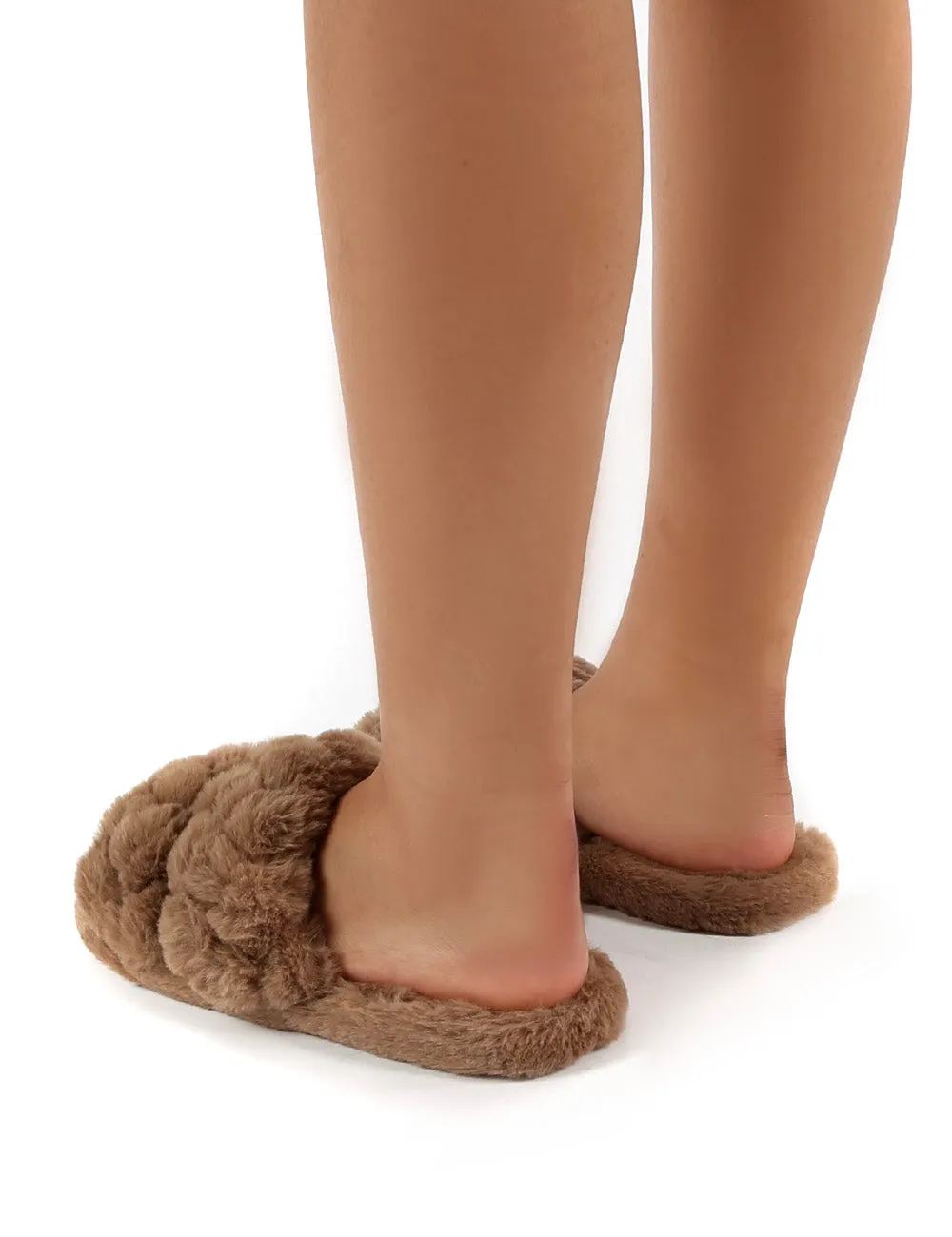 Minky Tan Fluffy Double Strap Slippers