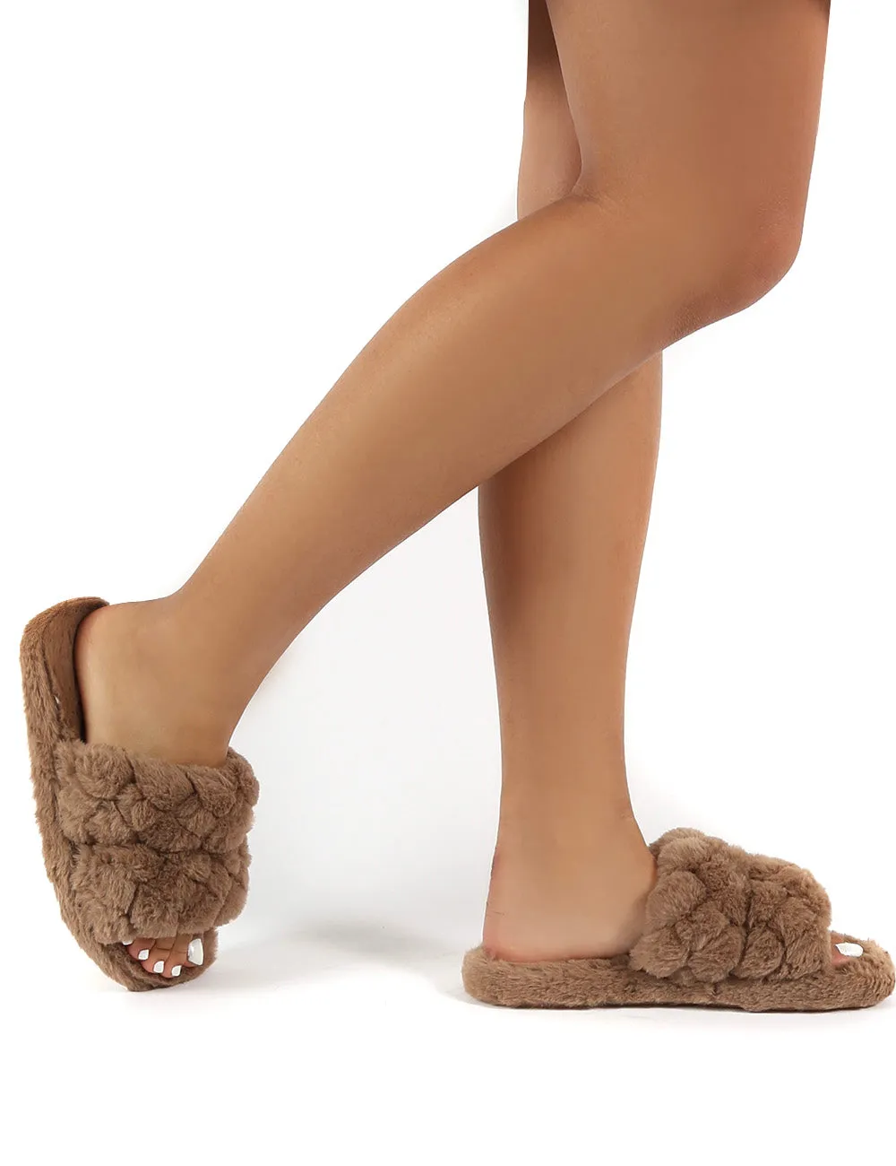 Minky Tan Fluffy Double Strap Slippers