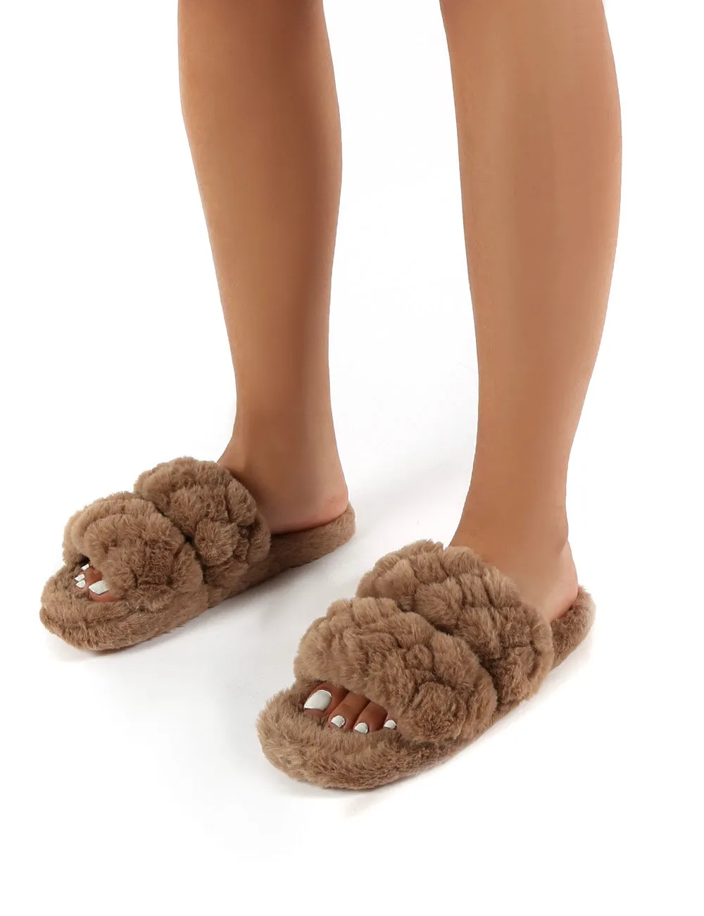 Minky Tan Fluffy Double Strap Slippers
