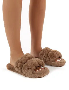 Minky Tan Fluffy Double Strap Slippers