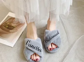 Personalized Bridal Slipper Bridesmaid Gifts ,Bridal Shower Wedding Bridesmaid Fluffy Bachelorette Fluffy Slippers