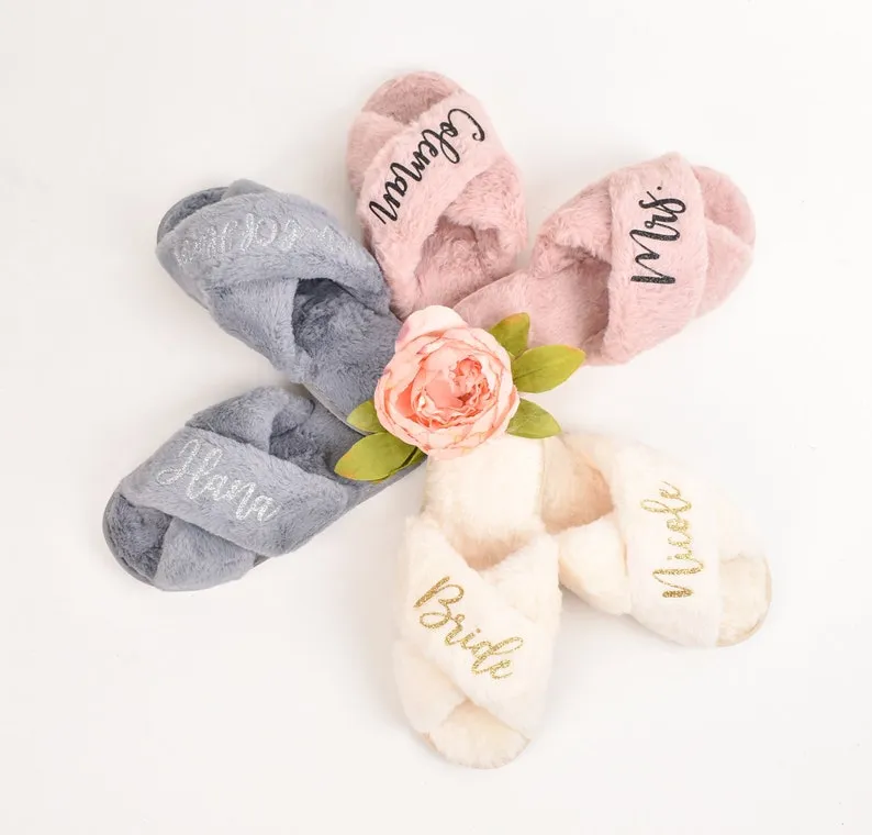 Personalized Bridal Slipper Bridesmaid Gifts Bridal Shower Wedding Bridesmaid Fluffy Bachelorette Hen Fluffy Slippers Mother gifts birthdays