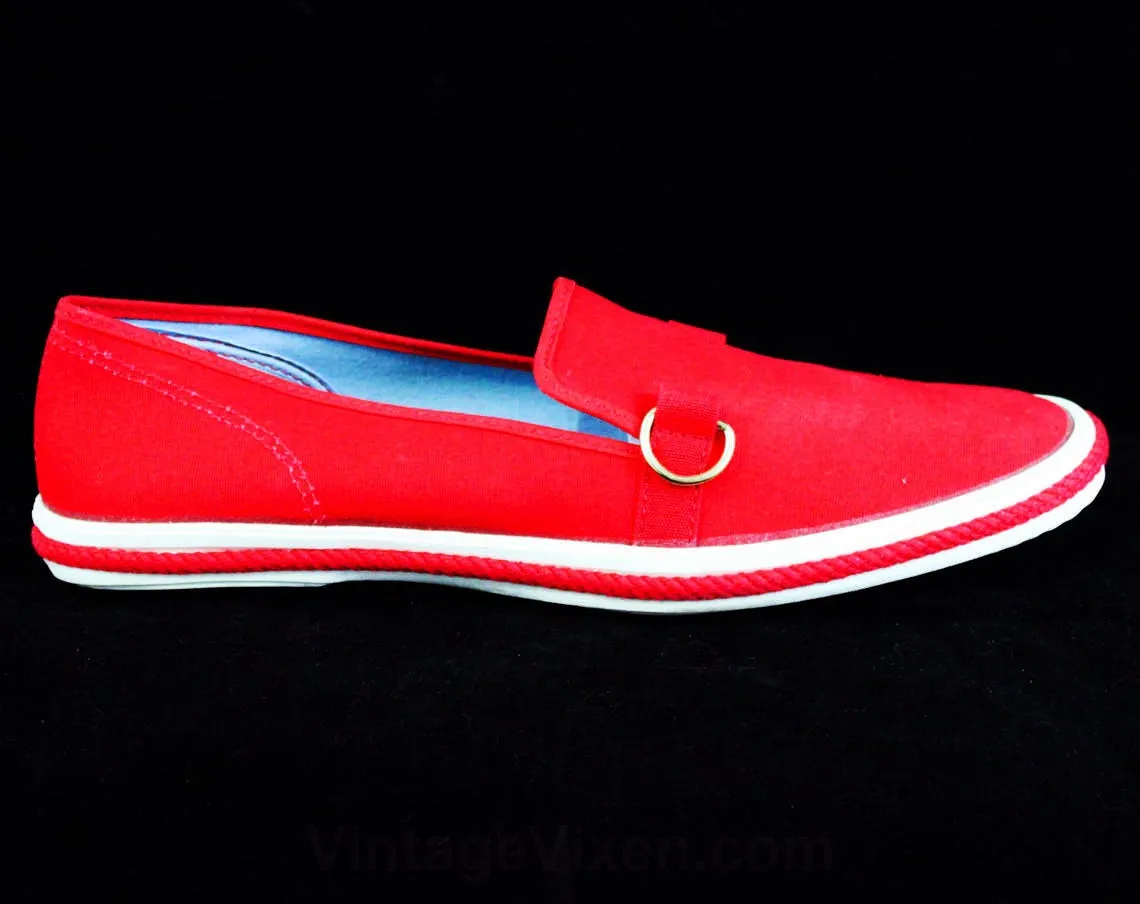 Size 10 Deck Shoes - Classic Casual 90s Red Slip On Narrow Shoe - Braided Jute - 1990s Keds Grasshoppers - 1991 Preppy Deadstock - 10N