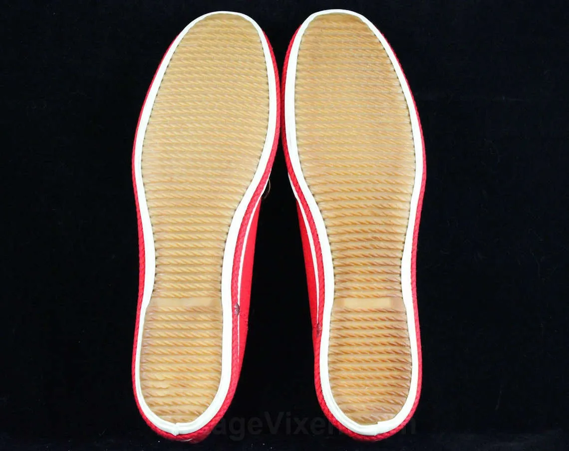 Size 10 Deck Shoes - Classic Casual 90s Red Slip On Narrow Shoe - Braided Jute - 1990s Keds Grasshoppers - 1991 Preppy Deadstock - 10N