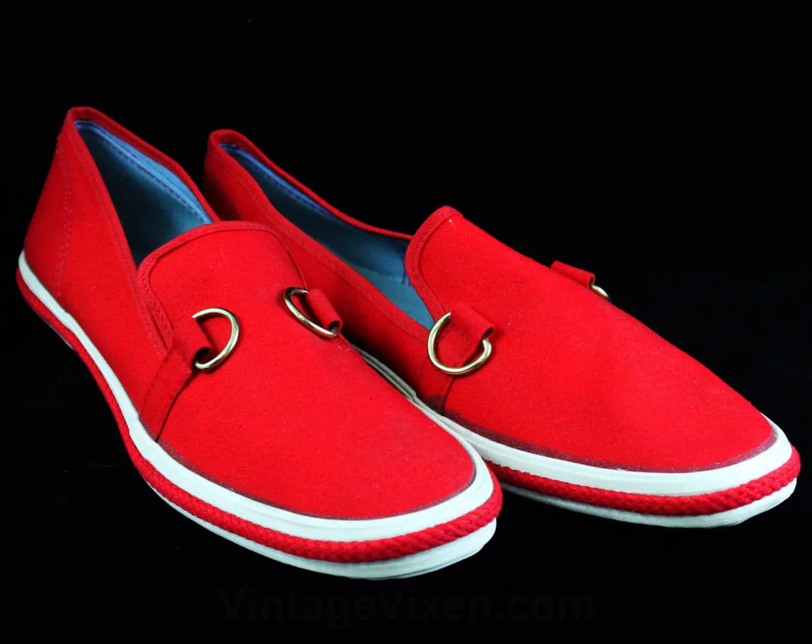 Size 10 Deck Shoes - Classic Casual 90s Red Slip On Narrow Shoe - Braided Jute - 1990s Keds Grasshoppers - 1991 Preppy Deadstock - 10N