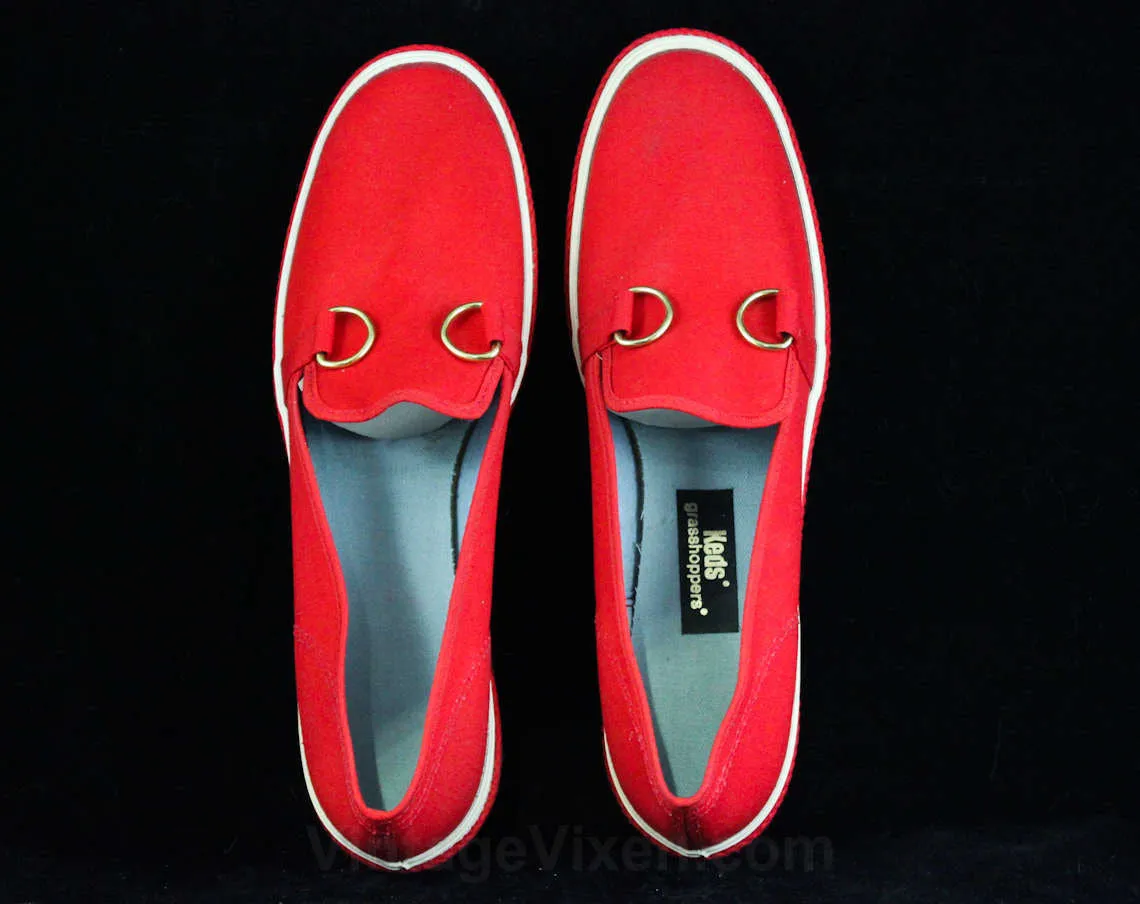 Size 10 Deck Shoes - Classic Casual 90s Red Slip On Narrow Shoe - Braided Jute - 1990s Keds Grasshoppers - 1991 Preppy Deadstock - 10N