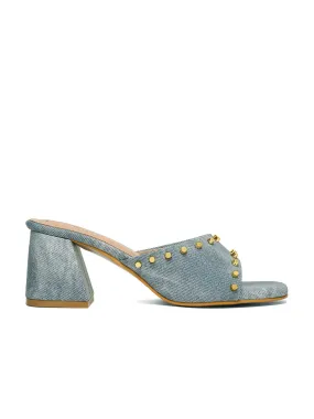 Women's Blue Block Heel Mules Beads Lightweight Sandals