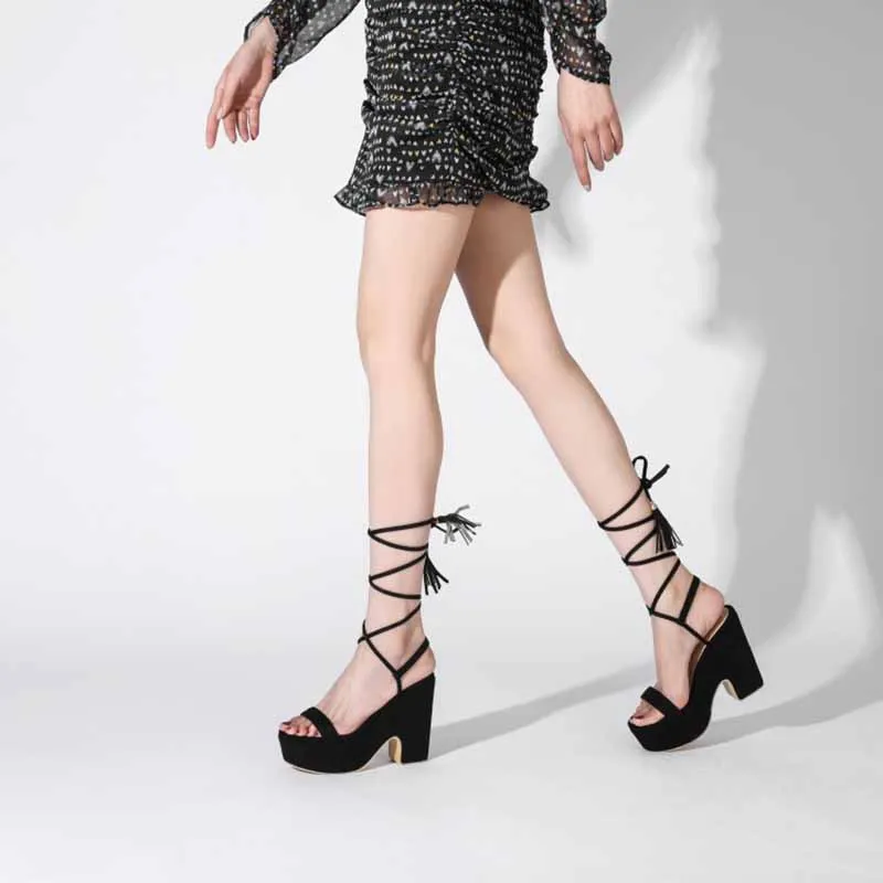 Women's Shoes Platform Heels Sandals Suede Lace Up Block Heels